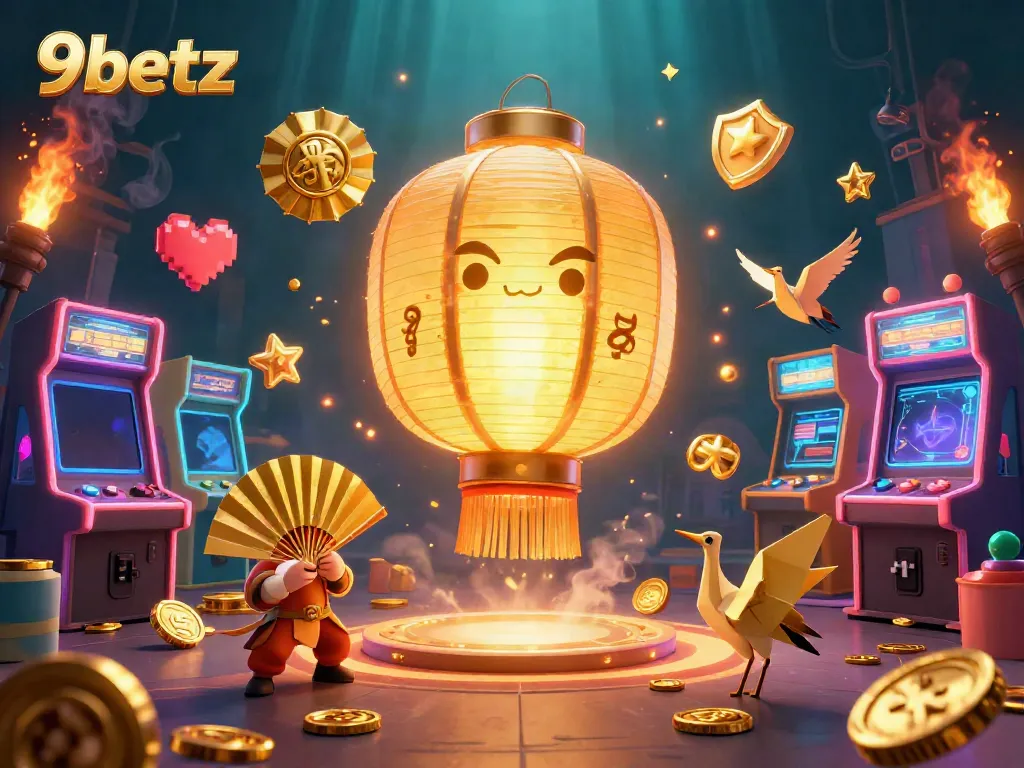 Engage with 9betz in a vibrant, ultra-detailed 3D casino scene featuring a golden lantern spirit and arcade elements.