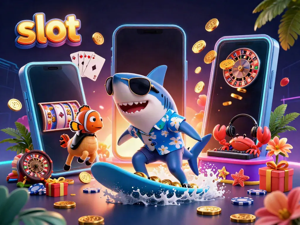 Experience thrilling slot adventures with a cartoon shark, clownfish, and crab DJ in a lively casino scene.