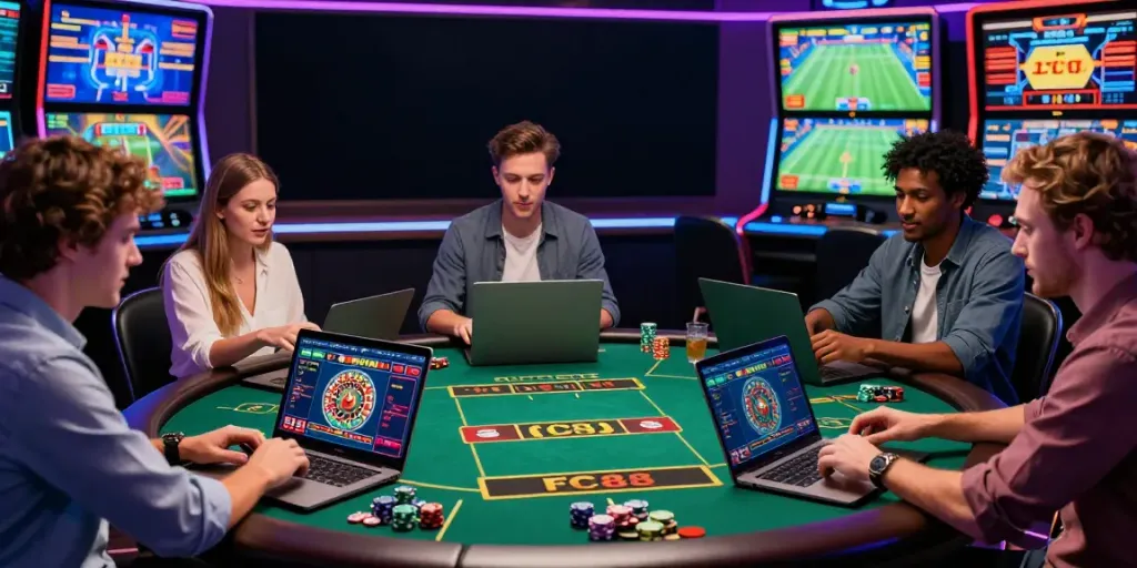 Exciting online gambling experience at FC88 with friends enjoying roulette and live sports.